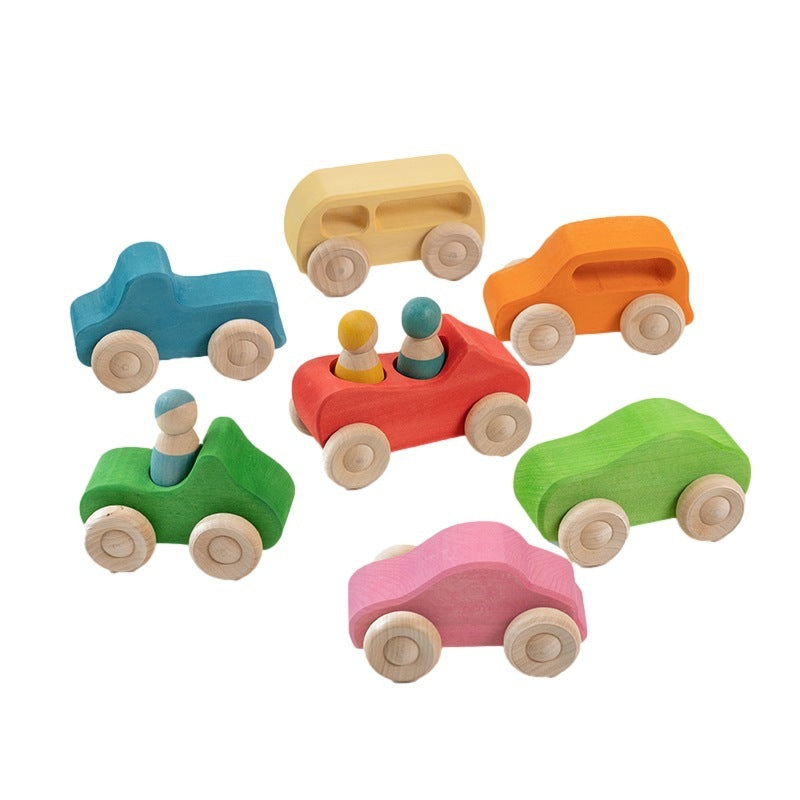 Rainbow Car Hand Push Solid Wood Rainbow Building Blocks Boat Toy