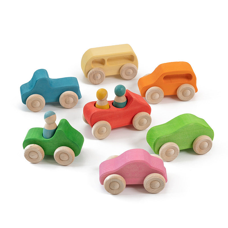 Rainbow Car Hand Push Solid Wood Rainbow Building Blocks Boat Toy