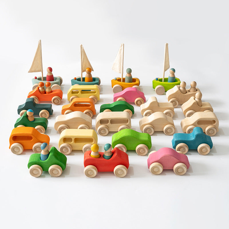 Rainbow Car Hand Push Solid Wood Rainbow Building Blocks Boat Toy