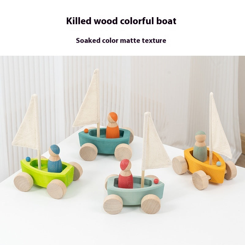 Rainbow Car Hand Push Solid Wood Rainbow Building Blocks Boat Toy