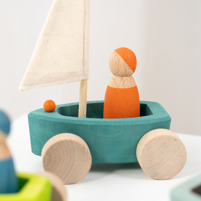Rainbow Car Hand Push Solid Wood Rainbow Building Blocks Boat Toy